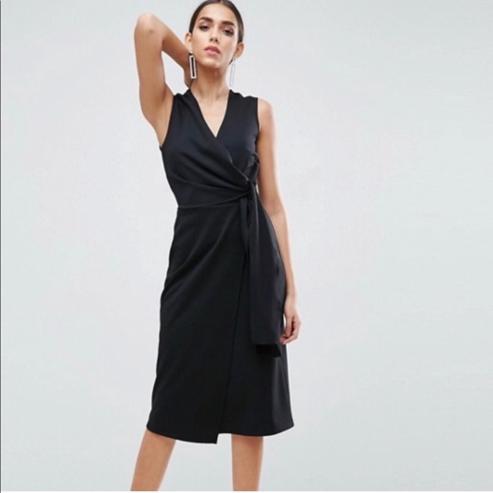 ASOS wrap front midi pencil dress w/ tie detail
